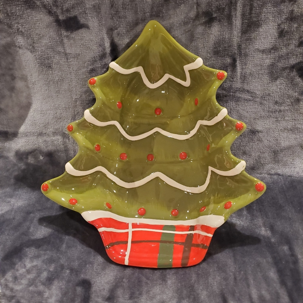 Festive Green and Red Christmas Tree Dish